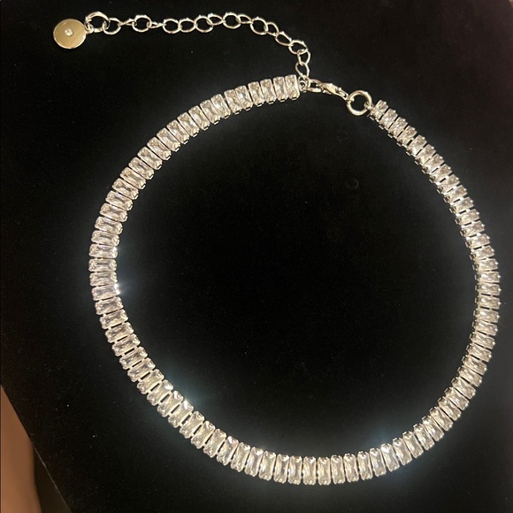 Silver Tone Baguette Rhinestone CZ Choker Necklace - Picture 1 of 5